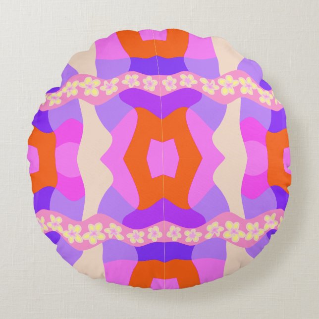 Psychedelic Daisy Chain Patchwork - Roze Paarse 2 Rond Kussen (Voorkant)