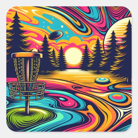 Psychedelic Disc Golf Course bij zonsondergang Vierkante Sticker (Voorkant)