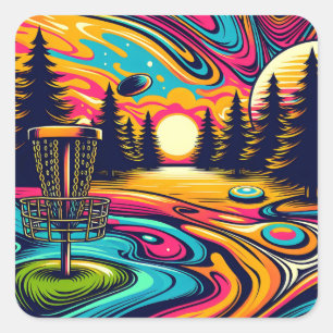Psychedelic Disc Golf Course bij zonsondergang Vierkante Sticker
