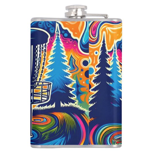 Psychedelic Disc Golfbaan in de bergen Heupfles (Achterkant)