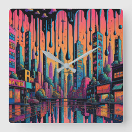 Psychedelic Drippy City Art Vierkante Klok