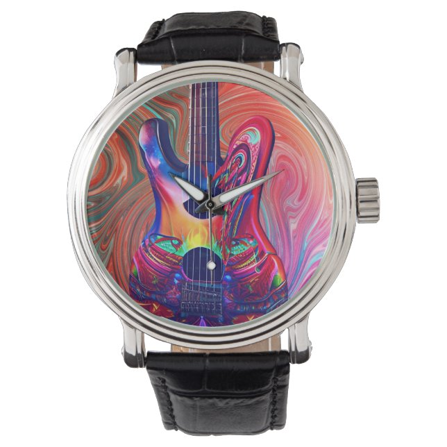Psychedelic Electric Acoustic Semi Guitars Art Horloge (Voorkant)