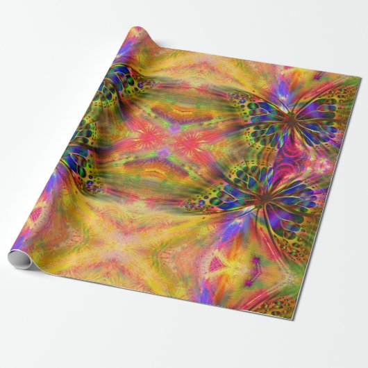 Psychedelic en multikleurenvlinder cadeaupapier (Uitgerold)