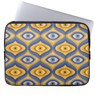 Psychedelic eye patroonindigo blauw geel laptop sleeve