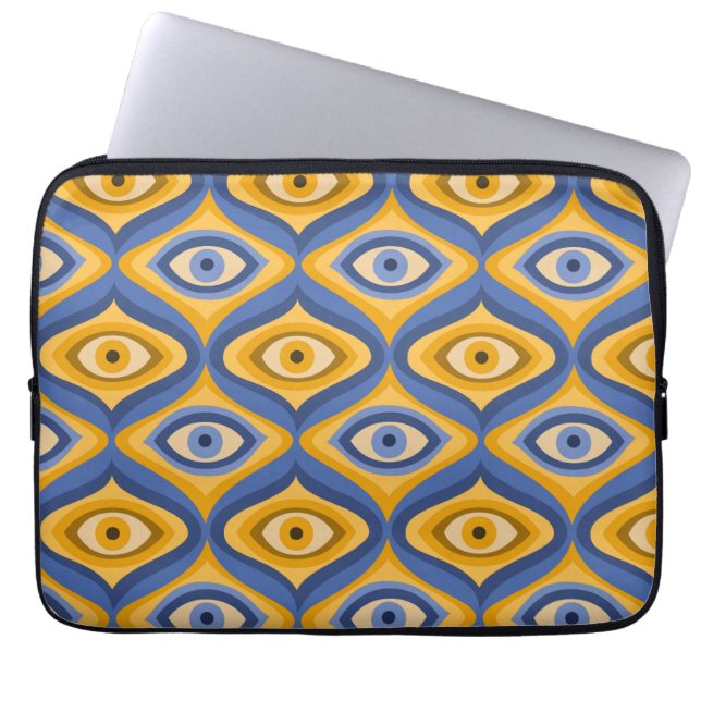 Psychedelic eye patroonindigo blauw geel laptop sleeve (Voorkant)