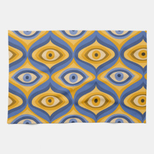 Psychedelic eye patroonindigo blauw geel theedoek