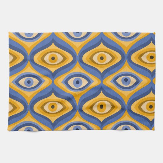 Psychedelic eye patroonindigo blauw geel theedoek (Horizontaal)