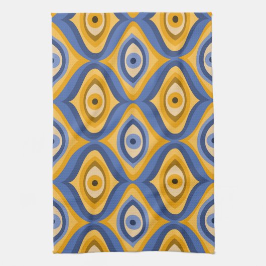 Psychedelic eye patroonindigo blauw geel theedoek (Verticaal)