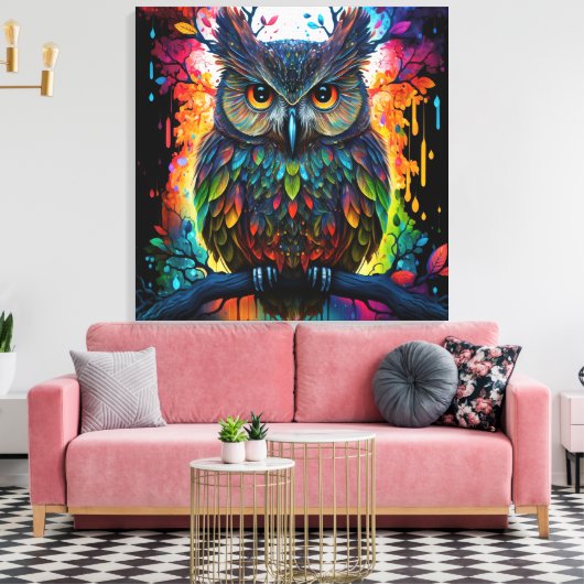 Psychedelic Fantasy Hippy Uil Canvas Afdruk (Insitu (Woonkamer))