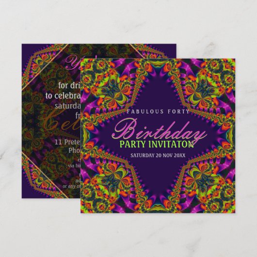 Psychedelic Fun Fabulous 40 Event Party Invitation Kaart (Voorkant / Achterkant)