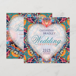 Psychedelic Glam Crystal Heart Wedding Kaart