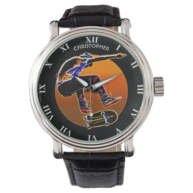 Psychedelic gloeiende skateboarder met skateboard horloge (Voorkant)