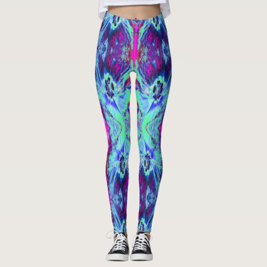 Psychedelic Green and Blue Hibiscus Pattern Leggings (Voorkant)