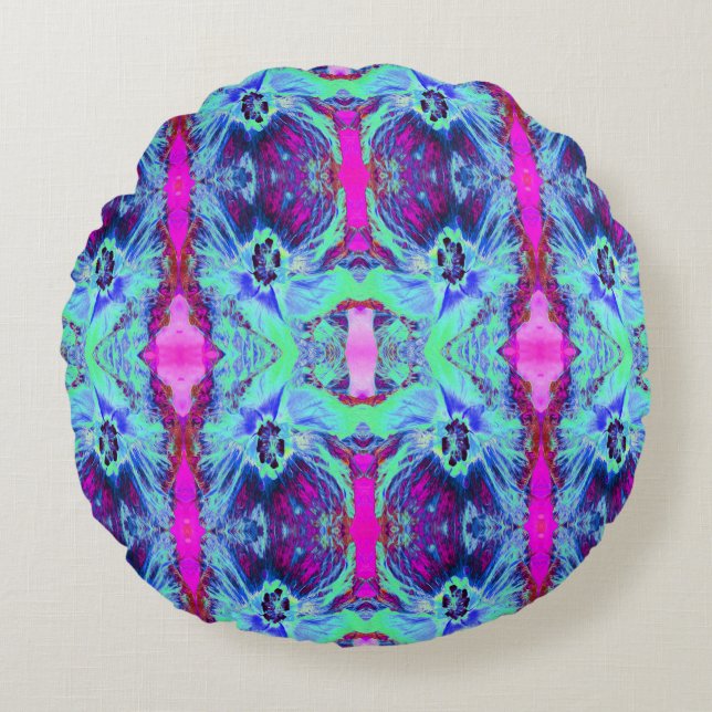 Psychedelic Green and Blue Hibiscus Pattern Rond Kussen (Voorkant)