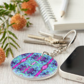 Psychedelic Green and Blue Hibiscus Pattern Sleutelhanger (Voorkant Rechts)