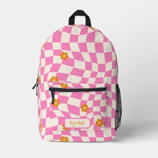 Psychedelic Groovy Daisy Checkerboard, Y2K 90s Bedrukte Rugzak (Voorkant)