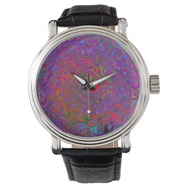 Psychedelic Groovy Magenta Retro Liquid Swirl Horloge (Voorkant)