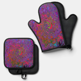 Psychedelic Groovy Magenta Retro Liquid Swirl Ovenwant & Pannenlap Set