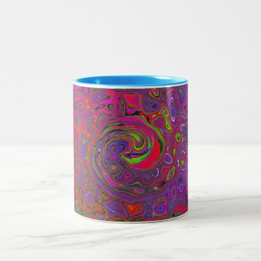 Psychedelic Groovy Magenta Retro Liquid Swirl Tweekleurige Koffiemok (Center)