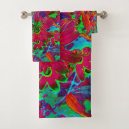 Psychedelic Groovy Red en groene wilde bloemen Bad Handdoek
