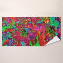 Psychedelic Groovy Red en groene wilde bloemen Badhanddoek