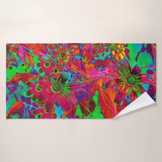 Psychedelic Groovy Red en groene wilde bloemen Badhanddoek (Badhanddoek)