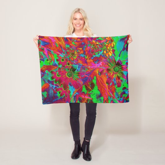 Psychedelic Groovy Red en groene wilde bloemen Fleece Deken (In situ)