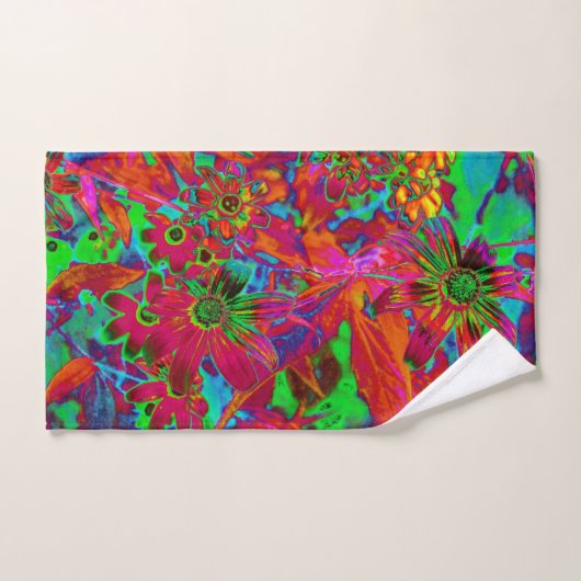 Psychedelic Groovy Red en groene wilde bloemen Handdoek (Handdoek)