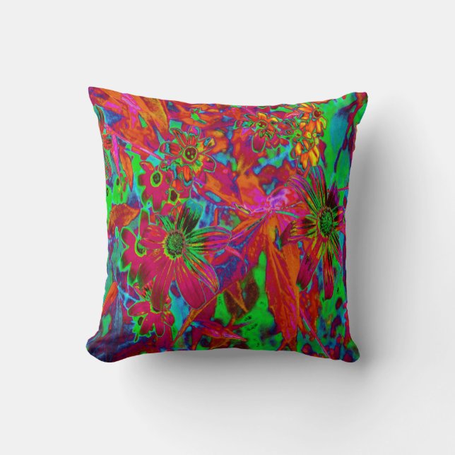 Psychedelic Groovy Red en groene wilde bloemen Kussen (Voorkant)