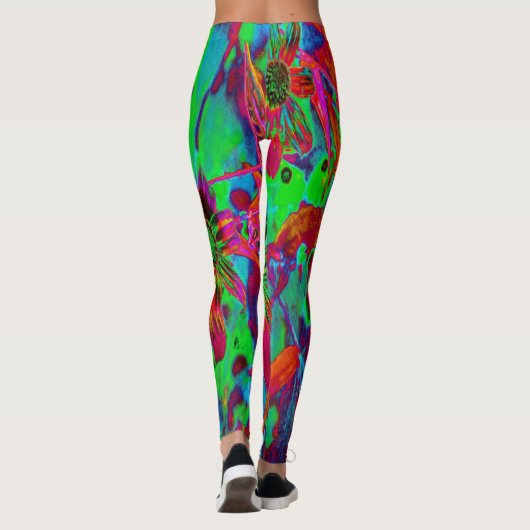 Psychedelic Groovy Red en groene wilde bloemen Leggings (Achterkant)