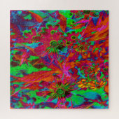 Psychedelic Groovy Red en groene wilde bloemen Legpuzzel (Horizontaal)