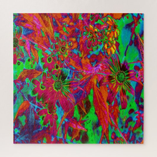 Psychedelic Groovy Red en groene wilde bloemen Legpuzzel (Verticaal)