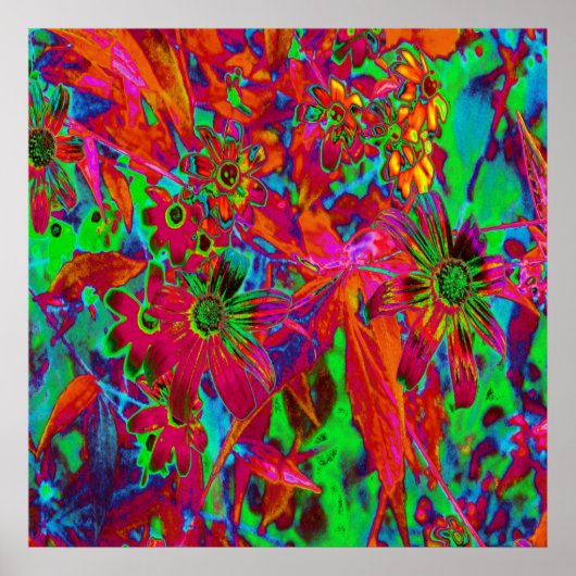 Psychedelic Groovy Red en groene wilde bloemen Poster (Voorkant)