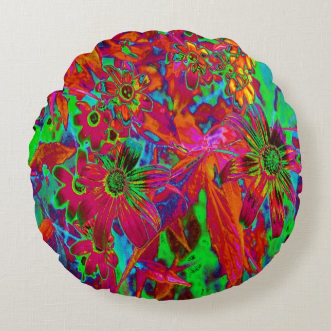 Psychedelic Groovy Red en groene wilde bloemen Rond Kussen (Voorkant)
