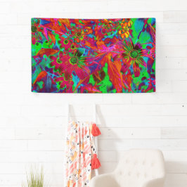 Psychedelic Groovy Red en groene wilde bloemen Spandoek
