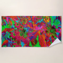 Psychedelic Groovy Red en groene wilde bloemen Strandlaken