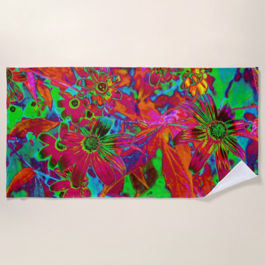 Psychedelic Groovy Red en groene wilde bloemen Strandlaken (Voorkant)