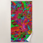 Psychedelic Groovy Red en groene wilde bloemen Strandlaken (Voorkant)