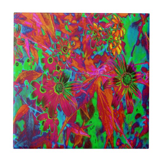 Psychedelic Groovy Red en groene wilde bloemen Tegeltje (Voorkant)