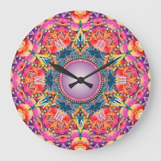 Psychedelic Groovy Roze Liefde Glam Mandala Grote Klok (Voorkant)