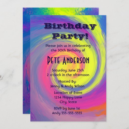 Psychedelic Groovy Swirls Birthday Party Kaart (Voorkant / Achterkant)