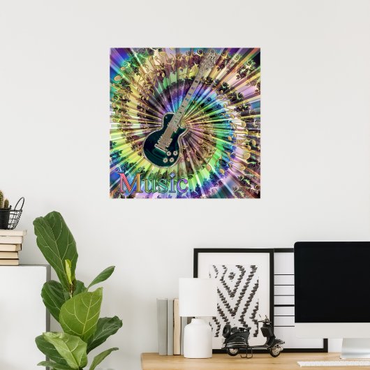 Psychedelic Guitar Swirling Notes Rainbow Music Poster (Thuiskantoor)