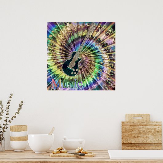 Psychedelic Guitar Swirling Notes Rainbow Music Poster (Keuken)