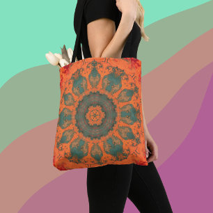 Psychedelic Hippie Blauwgroen Sinaasappel en rood Tote Bag