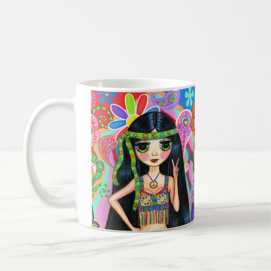 Psychedelic Hippie Chick Peace Sign Cute 1960 Koffiemok (Links)