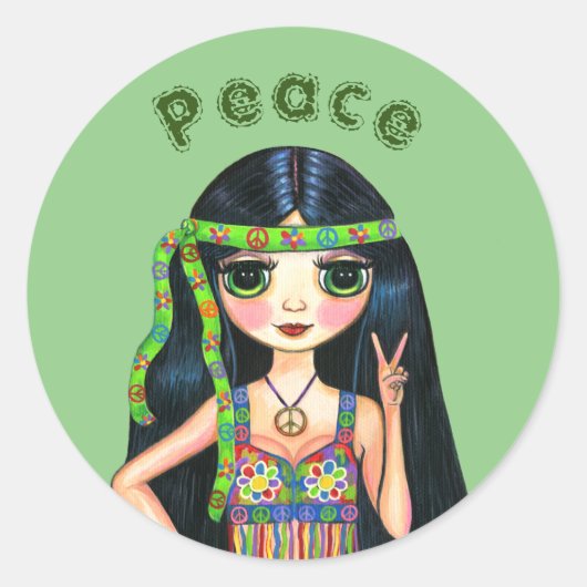 Psychedelic Hippie Chick Peace Sign Headband 1960 Ronde Sticker (Voorkant)