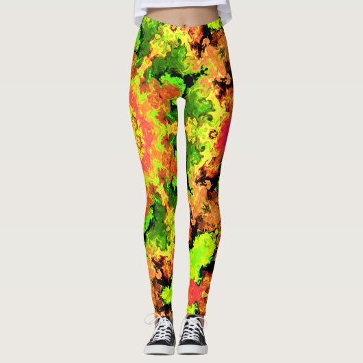 Psychedelic Hippie Flower Green Oranje en Red Leggings (Voorkant)