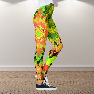Psychedelic Hippie Flower Green Oranje en Red Leggings