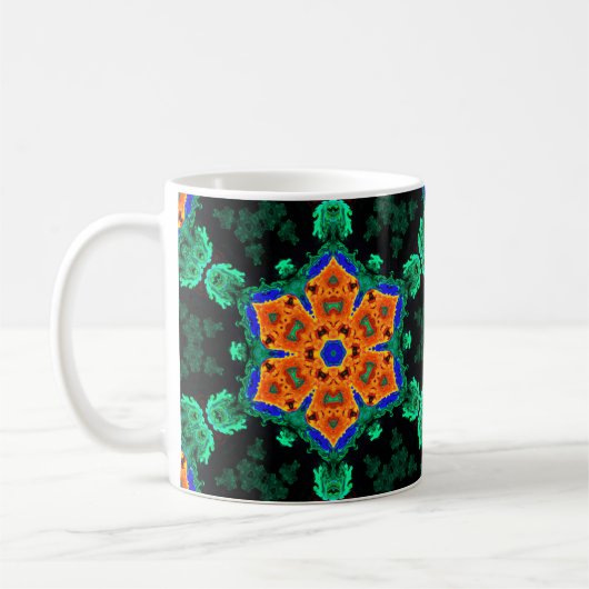Psychedelic Hippie Flower Oranje en Blauwgroen Koffiemok (Links)