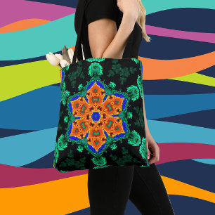 Psychedelic Hippie Flower Oranje en Blauwgroen Tote Bag